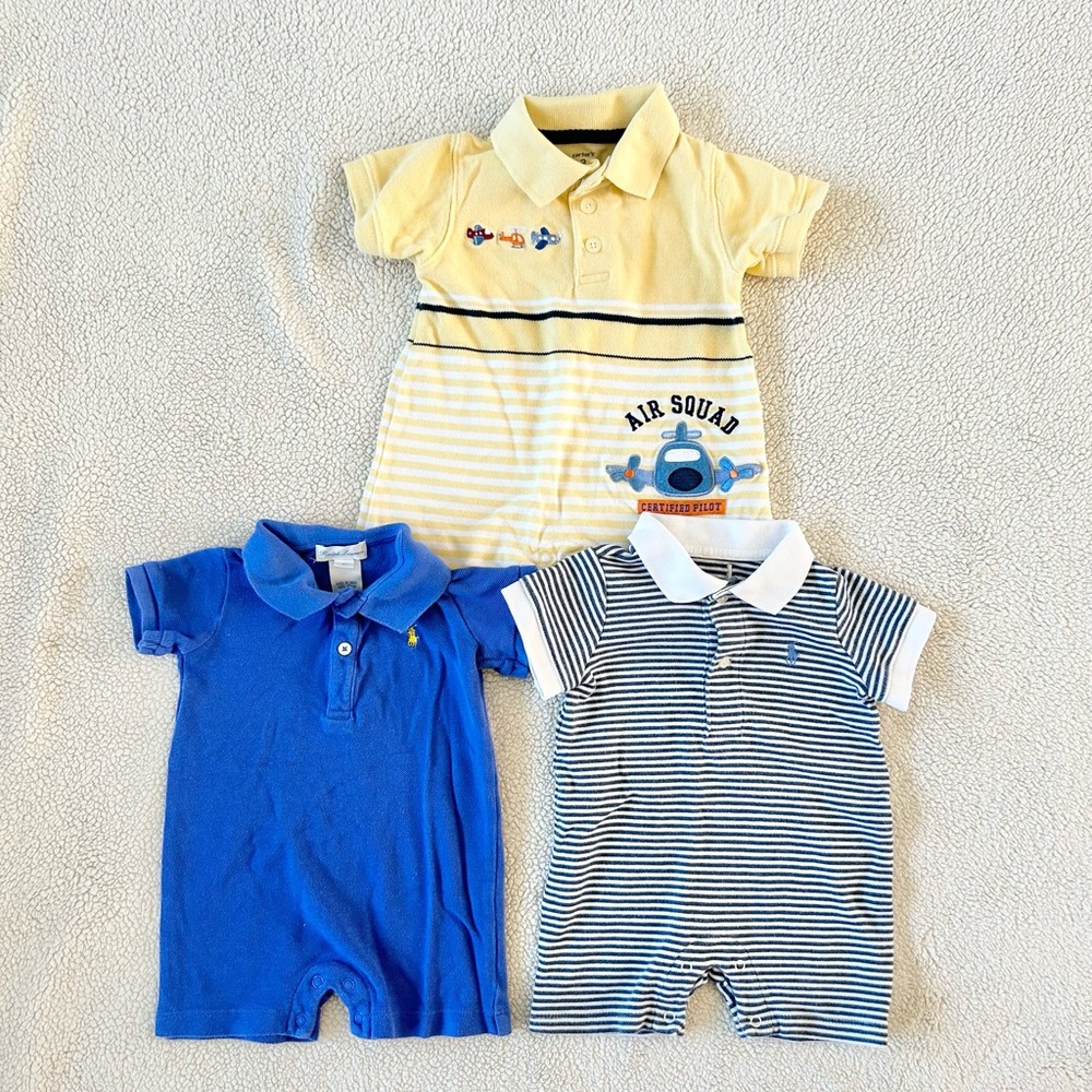 Baby Short Sleeve Collared Rompers, Size 3M